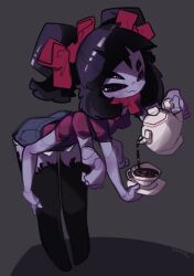  1girl :3 arthropod_girl black_eyes black_hair black_sclera black_thighhighs bow bowtie closed_mouth colored_sclera colored_skin cup denim denim_shorts extra_arms extra_eyes fangs full_body grey_background hair_bow highres holding holding_saucer holding_teapot imerald leaning_forward medium_hair monster_girl muffet pouring purple_skin red_bow red_bowtie red_shirt saucer shirt short_hair shorts simple_background smile solo spider_girl teacup teapot thigh-highs two_side_up undertale utdr_(toby_fox) 