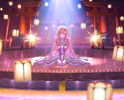  1girl blonde_hair cho_kaguya-hime! closed_mouth full_body hair_spread_out highres japanese_clothes kaguya_(cho_kaguya-hime!) key_visual kimono long_hair long_sleeves looking_at_viewer multiple_torii official_art orange_eyes pink_kimono promotional_art seiza sitting smile solo stage straight-on torii very_long_hair wide_sleeves 