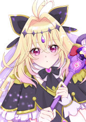  1girl absurdres antenna_hair black_bow black_dress black_necktie blonde_hair bow braid brooch commentary_request cure_arcana_shadow dress earrings gloves gradient_hair hair_between_eyes hair_intakes hair_ornament half_up_braid heart heart_brooch highres holding holding_staff jewelry long_hair looking_at_viewer magical_girl meitantei_precure! moria_luluka multicolored_hair necktie pink_eyes pink_hair precure purple_nails purple_thighhighs purple_veil solo staff tear_arcana_rod thigh-highs veil white_gloves yk_yozuki 