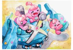  black_eyes closed_eyes commentary_request heart heart_sticker ivasama_kaeru looking_at_another metagross no_humans open_mouth pokemon pokemon_(creature) red_eyes riding shadow star_(symbol) star_sticker sticker tinkatink 