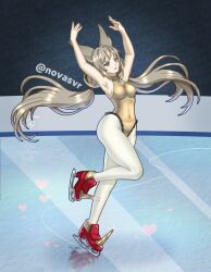  1girl animal_ears arms_up black_trim breasts cat_ears cat_girl chest_jewel covered_nipples figure_skating grey_hair halterneck heart highres ice ice_skates ice_skating leg_up leotard long_hair nia_(xenoblade) novasvr pantyhose skates skating small_breasts solo spikes twintails twitter_username white_pantyhose xenoblade_chronicles_(series) xenoblade_chronicles_2 yellow_leotard 