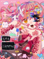  1girl :d @_@ \||/ abstract_background absurdres angel_wings bad_anatomy bags_under_eyes bandaid bandaid_on_cheek bandaid_on_face bare_arms black_skirt bow bowtie breasts brown_sweater_vest collared_shirt commentary_request cowboy_shot crossed_bandaids double-parted_bangs drooling earrings emoji_hair_ornament glitch grid_background hair_behind_ear hair_between_eyes hair_bow hair_ornament halo hands_up heart heart_ring heterochromia highres hitose_rei jewelry long_hair looking_at_viewer miniskirt mouth_drool open_mouth orange_eyes original own_hands_together panda_hair_ornament pink_background pink_bow pink_eyes pink_hair psychedelic puffy_short_sleeves puffy_sleeves rainbow_hair_ornament raised_eyebrows red_bow red_bowtie ring shirt short_sleeves simple_background skirt small_breasts smile sparkle speech_bubble sticker_on_hand stud_earrings sweater_vest tareme tongue translation_request triangle_hair_ornament two_side_up white_shirt white_wings wide-eyed wings x_hair_ornament yami_kawaii yellow_halo 