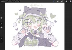  :3 :d animal_hands animal_hat art_program_in_frame black_nails black_shirt bow cat_hat choker commentary_request diamond-shaped_pupils diamond_(shape) fang fingerless_gloves frilled_choker frilled_hat frills gloves green_eyes green_hair green_hat hat hat_bow heart highres looking_at_viewer medium_hair off_shoulder paw_gloves pierced_hat pom_pom_(clothes) portrait ribbed_gloves ribbon_choker roxytown shirt short_sleeves smile symbol-shaped_pupils tao_(roxytown) tarano_83 white_gloves 