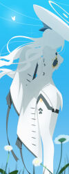  1girl blue_archive blue_sky bug butterfly clear_sky colored_skin commentary_request daisy_(flower) dress feet_out_of_frame floating_hair flower flying_teardrops from_below from_side glint glowing_butterfly halo hat highres iseshi large_hat long_hair long_sleeves looking_ahead malkuth_(blue_archive) sky sleeves_past_fingers sleeves_past_wrists solo standing thigh-highs white_dress white_hair white_skin white_thighhighs yellow_halo 