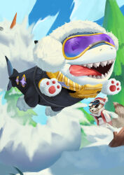  absurdres animal animal_hands black_bow black_bowtie bow bowtie character_request clothing_request earmuffs explosion explosion_background forest frown goggles goggles_on_head hat highres jeff_the_land_shark littleduck307 marvel marvel_rivals nature no_humans raccoon raccoon_tail santa_hat scarf shark sharp_teeth tail teeth tongue tongue_out yellow_scarf 