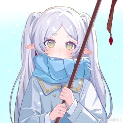  1girl bisho_imobing_hito blue_scarf closed_mouth commentary_request elf eyelashes frieren gradient_background green_eyes grey_hair highres holding holding_staff long_hair long_sleeves looking_at_viewer pointy_ears scarf short_eyebrows solo sousou_no_frieren staff upper_body 