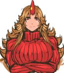  1girl blonde_hair breasts bust crossed_arms highres horn hoshiguma_yuugi large_breasts long_hair looking_at_viewer nameo_(judgemasterkou) red_eyes ribbed_sweater simple_background sketch solo star sweater touhou turtleneck white_background 