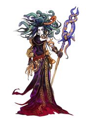  1girl absurdres black_hair blue_eyes highres hirooka_masaki kid_icarus kid_icarus_uprising medusa medusa_(kid_icarus) official_art pale_skin snake solo staff tattoo 