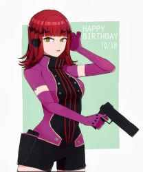  1girl birthday border breasts commentary dated elbow_gloves english_text gloves green_background gun handgun happy_birthday headphones highres holding holding_gun holding_weapon jacket katori_squad's_uniform katori_youko large_breasts long_hair looking_at_viewer ohmoto_9 purple_gloves purple_jacket purple_thighhighs red_hair short_jumpsuit short_sleeves solo thigh-highs weapon white_border world_trigger yellow_eyes 