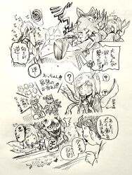  2girls 3boys ? absurdres alternate_costume blowing_whistle bow cirno commentary_request commission daiyousei detached_wings fairy fairy_wings fang fish flying_sweatdrops goldfish goldfish_scooping gun hair_bow happi highres holding holding_gun holding_weapon ice ice_wings japanese_clothes mask mask_on_head menotama multiple_boys multiple_girls old old_man one_eye_closed open_mouth skeb_commission smile speech_bubble spoken_question_mark summer_festival touhou traditional_media translation_request weapon wings 