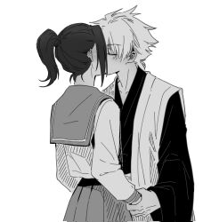  1boy 1girl bleach bleach:_sennen_kessen-hen closed_eyes commentary corrupted_twitter_file english_commentary greyscale haori hetero highres hitsugaya_toushirou holding_another's_wrist japanese_clothes kiss kurosaki_karin monochrome ponytail school_uniform serafuku shihakusho silegesi taichou_haori 