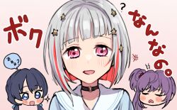  3girls :d ? black_choker blue_dress blue_eyes blue_ribbon bob_cut boku_nan_nano chibi chibi_inset choker colored_inner_hair commentary_request d: dress flower grey_hair hair_bun hair_flower hair_ornament hair_ribbon hasu_no_sora_school_uniform highres inverted_bob kyaku_tasu link!_like!_love_live! long_hair love_live! low_twintails multicolored_hair multiple_girls murano_sayaka o-ring o-ring_choker open_mouth otomune_kozue pink_eyes purple_hair red_flower red_streaks ribbon sailor_collar sailor_dress school_uniform shout_lines side_ponytail sidelocks single_side_bun smile spoken_zzz star_(symbol) star_hair_ornament summer_uniform translation_request twintails virtual_youtuber white_sailor_collar yugiri_tsuzuri zzz 