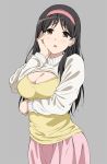  1girl adachi_eiko amagi_brilliant_park black_hair blush breasts brown_eyes cleavage cleavage_cutout hairband hand_on_own_cheek highres large_breasts long_hair looking_at_viewer open-chest_sweater open_mouth simple_background solo sweater turtleneck yoshiki360 