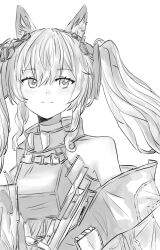  1girl :3 angelina_(arknights) animal_ear_fluff arknights arknights:_endfield bare_shoulders breasts chinese_commentary coat commentary_request dot_nose dress floating_hair fox_girl gilberta_(arknights) greyscale hair_between_eyes headpiece high_collar highres lineart long_hair long_sleeves monochrome off_shoulder open_clothes open_coat simple_background sleeveless sleeveless_dress small_breasts solo taoyanaotu twintails unfinished upper_body white_background 