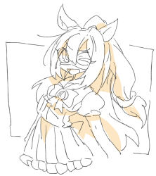  1girl ;d animal_ears beer_hsk bow brown_theme commentary_request el_condor_pasa_(umamusume) eye_mask frilled_skirt frills hair_between_eyes horse_ears long_hair looking_at_viewer mask monochrome one_eye_closed pleated_skirt ponytail puffy_short_sleeves puffy_sleeves school_uniform shirt short_sleeves skirt smile solo tracen_school_uniform umamusume very_long_hair white_background 