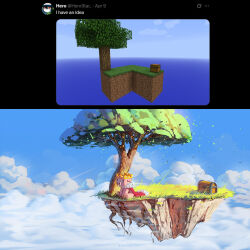  1boy arms_between_legs benii21 cape clouds cloudy_sky crown floating_island fur-trimmed_cape fur_trim grass highres minecraft minecraft_youtube outdoors pig_boy plant_roots red_cape reference_inset sitting sky skyblock solo technoblade tree 