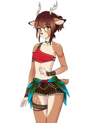  1girl animal_ears antlers bandeau bare_shoulders blush bra bracelet breasts brown_eyes brown_fur brown_hair closed_mouth deer deer_antlers deer_ears deer_girl deer_tail freckles furry furry_female hair_between_eyes hazel_(shuggerlain) highres horns jewelry looking_at_viewer midriff navel necklace petite ponytail red_bra reindeer short_hair short_ponytail short_shorts shorts shuggerlain sidelocks simple_background single_horn small_breasts smile solo spots standing strap taifun_riders tail tattoo thigh_strap underwear white_background wristband yellow_eyes 