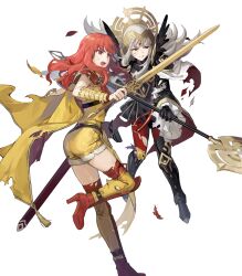  2girls armor ass black_dress black_gloves boots breastplate breasts cape celica_(fire_emblem) celica_(warrior_princess)_(fire_emblem) clenched_teeth dress feather_trim fire_emblem fire_emblem_echoes:_shadows_of_valentia fire_emblem_heroes gloves grey_hair high_heel_boots high_heels highres holding holding_staff long_hair medium_breasts multiple_girls non-web_source open_mouth pelvic_curtain red_boots red_cape red_eyes red_hair sheath shoulder_armor staff sword teeth tiara torn_cape torn_clothes veronica_(brave_princess)_(fire_emblem) veronica_(fire_emblem) weapon yellow_cape 