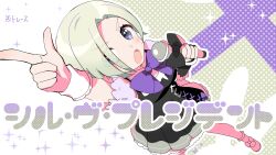  1girl black_dress breasts commentary_request derivative_work dress finger_gun green_hair grey_eyes hair_over_one_eye highres holding holding_microphone ishimochi_(daleka333) looking_at_viewer love_live! love_live!_nijigasaki_high_school_idol_club medium_breasts mia_taylor microphone open_mouth outline parody polka_dot polka_dot_background s'il_vous_president short_dress short_hair solo song_name white_outline 