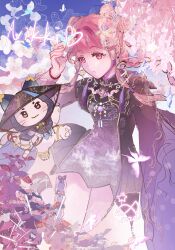  :3 :o ankle_ring black_cloak black_dress black_hat blue_sky bow bow-shaped_hair bowtie braid braided_hair_rings brown_eyes bug butterfly character_name cherry_blossoms chinese_clothes chinese_commentary cloak closed_mouth commentary_request crescent crescent_hair_ornament day dot_nose double_bun dress ear_covers ears_through_headwear eyelashes floating_hair flower frilled_sleeves frills hair_bun hair_ornament hair_rings hair_tubes hand_on_own_head hat highres hood hood_up hooded_cloak infinity_nikki long_hair long_sleeves looking_at_animal momo_(nikki) nikki_(nikki) nikki_(series) official_alternate_color outdoors parted_lips pawpads pink_eyes pink_flower pink_hair print_sleeves purple_dress red_bow red_bowtie shitihao short_dress side_braids sidelocks signature sky smile song_beyond_(infinity_nikki) spring_(season) star_(symbol) twin_braids two-tone_dress very_long_hair whiskers wide_sleeves 