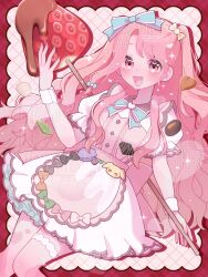  1girl :d absurdres almond apron arm_at_side back_bow bare_arms black_bow blue_bow blue_bowtie border bow bow_apron bowtie breasts brown_apron brown_trim buttons candy candy_hair_ornament chocolate chocolate-covered_food chocolate_strawberry chocolate_syrup collared_dress colored_petticoat commentary_request contrast_collar curtained_hair diamond_button dress eyes_visible_through_hair feet_out_of_frame food food-themed_hair_ornament frilled_apron frilled_dress frilled_shirt_collar frills fruit green_bow grey_bow grid_background hair_bow hair_ornament hair_over_shoulder halftone hand_up heart heart-shaped_chocolate heart-shaped_food heart_hair_ornament heart_in_eye highres hitose_rei holding holding_food leaning_back long_hair looking_at_viewer low-tied_sidelock macaron mint open_mouth orange_bow original outside_border petticoat pink_bow pink_eyes pink_hair puffy_short_sleeves puffy_sleeves red_border short_dress short_sleeves sidelocks simple_background small_breasts smile solo sparkle standing strawberry swept_bangs symbol_in_eye tareme tongue two_side_up very_long_hair watermark wavy_hair white_background white_bow white_dress white_trim wrapped_candy wristband 