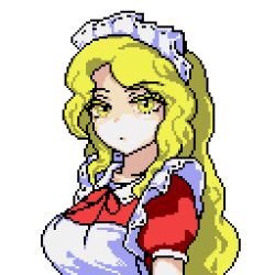 1girl apron blonde_hair commentary dress english_commentary frills long_hair maid maid_headdress nukekip puffy_sleeves red_dress ribbon short_sleeves touhou touhou_(pc-98) yellow_eyes yumeko_(touhou) 