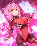  1girl binary blush bodysuit breasts covered_navel gloves highres holographic_interface karaage_(ta-na) large_breasts looking_at_viewer open_mouth original pantyhose pink_hair red_eyes skin_tight solo 