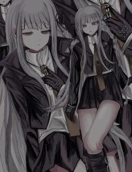  1girl black_gloves black_ribbon black_skirt braid collared_shirt commentary_request danganronpa:_trigger_happy_havoc danganronpa_(series) egao_(nsazrs) feet_out_of_frame gloves hair_ribbon highres jacket kirigiri_kyoko long_hair long_sleeves looking_at_viewer necktie open_clothes open_jacket pleated_skirt ribbon shirt side_braid skirt violet_eyes 