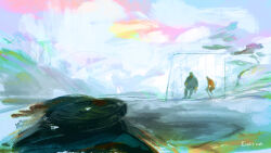  2boys car commentary disco_elysium emetitur english_commentary faceless full_body harry_du_bois highres kim_kitsuragi motor_vehicle multiple_boys on_swing outdoors sitting swing swing_set wide_shot 