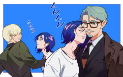  3boys 444_fofofo beard blue_background blue_hair challia_bull char_aznable closed_eyes collared_shirt colored_inner_hair facial_hair glasses green_eyes green_hair gundam gundam_gquuuuuux hair_over_eyes highres jacket long_sleeves lower_eyelashes_only male_focus multicolored_hair multiple_boys multiple_views mustache necktie purple_hair shirouzu_(gundam) shirt short_hair shuji_ito smelling two-tone_hair white_shirt 