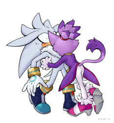  1boy 1girl absurdres artist_name blaze_the_cat blush commentary english_commentary furry furry_female furry_male gknight_owl gloves hetero high_heels highres hug silver_the_hedgehog simple_background sonic_(series) white_background white_gloves 