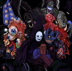  1girl 3boys 6+others black_hair blue_eyes blue_sweater body_horror brown_eyes character_request covering_own_face crazy_eyes crazy_smile crossed_legs dark-skinned_male dark_background dark_skin drooling extra_arms extra_eyes hand_on_another's_shoulder highres idiotdoodoohead jeanne_(look_outside) look_outside lyle_(look_outside) monster multiple_boys multiple_others mummy nestor_(look_outside) open_mouth red_eyes sam_(look_outside) sharp_teeth short_hair smile sweater teeth the_shadow_(look_outside) 