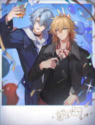  2boys absurdres alternate_costume antenna_hair ayua_u balloon black_choker black_jacket black_shirt blonde_hair blue_coat blue_eyes braid chest_tattoo chinese_commentary choker coat commentary_request dated dog_tags earrings english_commentary facial_tattoo fur-trimmed_jacket fur_trim gradient_hair hand_on_own_hip highres holding holding_phone holding_removed_eyewear honkai:_star_rail honkai_(series) hood hoodie jacket jewelry male_focus medium_hair mixed-language_commentary multicolored_hair multiple_boys mydei_(fig_stew)_(honkai:_star_rail) mydei_(honkai:_star_rail) neck_tattoo one_eye_closed open_clothes open_coat open_jacket open_mouth parted_bangs phainon_(honkai:_star_rail) phainon_(vigethos)_(honkai:_star_rail) phone red_hair red_tattoo shirt short_hair side_braid sun_symbol sun_tattoo taking_picture tattoo unworn_eyewear v white_hair white_hoodie yellow_eyes 