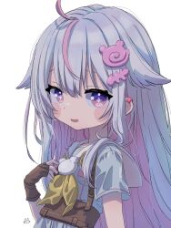  1girl ahoge arm_at_side bear_hair_ornament blush brown_gloves dress earclip fingerless_gloves fukuji_sango gloves grey_dress grey_hair hair_flaps hair_ornament hand_up harness hashtag-only_commentary highres long_hair looking_at_viewer loose_hair_strand multicolored_eyes multicolored_hair neckerchief onsen_musume open_mouth pink_eyes pink_streaks sekaineko_001 short_sleeves simple_background smile solo star-shaped_pupils star_(symbol) streaked_hair symbol-shaped_pupils two-tone_eyes upper_body violet_eyes white_background yellow_neckerchief 