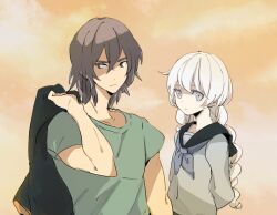  2boys arms_behind_back braid brown_hair commentary_request crossdressing crossdressing_(mtf) expressionless green_shirt grey_shirt hijiyama_takatoshi holding holding_unworn_clothes holding_unworn_jacket hrkw_(user_5han014) implied_yaoi jacket juusan_kihei_bouei_ken long_hair looking_at_viewer male_focus multiple_boys okino_tsukasa sailor_collar shirt short_hair simple_background trap twin_braids unworn_jacket upper_body white_hair white_sailor_collar 