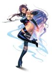  1girl bare_shoulders blue_eyes breasts high_heels homare_(fool&#039;s_art) katana leg_up leotard lips long_hair looking_at_viewer marvel psylocke purple_hair simple_background solo standing_on_one_leg sword thigh_strap weapon white_background x-men 