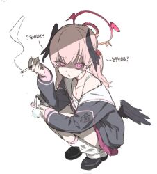  1girl bamyamsj blue_archive cigarette commentary_request halo head_wings holding holding_cigarette koharu_(blue_archive) korean_commentary korean_text leg_warmers loafers looking_at_viewer low_wings pink_eyes pink_hair sailor_collar school_uniform serafuku shaded_face shoes simple_background sketch smoke solo squatting translation_request uneven_eyes white_background white_sailor_collar wings 