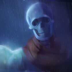  1:1 1boy 2020 2d annalee-sama armor blue_background cape commentary dark dark_background digital_media english_commentary head_tilt highres humanoid making-of_available male male_focus male_only monster monster_boy painttool_sai_(medium) papyrus_(undertale) partially_shaded_face portrait rain realistic red_cape simple_background skeleton solo teeth undead undertale utdr_(toby_fox) white_armor 