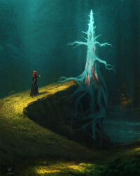  1girl absurdres artist_name bare_tree black_dress commentary dress english_commentary fantasy forest from_behind highres hill holding holding_staff landscape long_hair nature original painterly plant_roots pond raja_nandepu red_hair scenery staff tree 