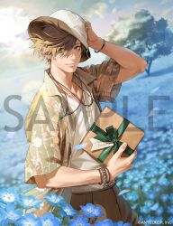  1boy blue_eyes blue_flower bracelet brown_hair commentary_request company_name copyright_notice flower green_shirt hair_between_eyes happy_birthday hat jewelry male_focus natsuko_(bluecandy) necklace nijisanji official_alternate_costume official_alternate_hairstyle official_art oliver_evans oliver_evans_(5th_costume) open_clothes open_shirt petals sample_watermark shirt short_hair sky solo tree virtual_youtuber watermark white_hat white_shirt 