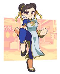  1girl blue_bodysuit bodysuit bracelet breasts brown_eyes brown_hair chinese_clothes chun-li clenched_hands commentary cornflowerblue double_bun earrings english_commentary fighting_stance hair_bun highres jewelry looking_at_viewer pants pelvic_curtain ribbon short_hair solo standing standing_on_one_leg street_fighter street_fighter_6 thick_thighs thighs tight_clothes tight_pants unitard yellow_ribbon 