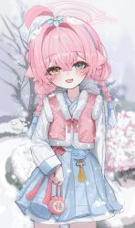 1girl absurdres ahoge alternate_costume alternate_hair_length alternate_hairstyle blue_archive blue_eyes blue_hairband blue_skirt blush braid chii_(k_ung) commentary day fur-trimmed_vest fur_trim hair_between_eyes hairband halo heterochromia highres holding hoshino_(blue_archive) long_sleeves looking_at_viewer open_mouth outdoors pink_hair pink_halo pink_vest short_hair_with_long_locks skirt snow snowing solo twin_braids vest yellow_eyes 