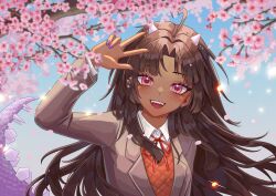  1girl :d absurdres ahoge angrycomputer_studio arm_up black_hair blue_sky blush cherry_blossoms close-up dark-skinned_female dark_skin doki_doki_literature_club_school_uniform dragon_horns dragon_tail earrings heart heart-shaped_pupils heart_ahoge highres horns jewelry long_hair looking_at_viewer nail_polish open_mouth original purple_nails purple_tail red_eyes school_uniform sky smile symbol-shaped_pupils tail w 