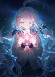  1girl absurdres ahoge backlighting black_sailor_collar bow breasts character_request check_character chinese_commentary commentary_request floating_hair grey_hair hair_bow hair_intakes hair_ornament hands_up highres holding holding_star lens_flare long_hair long_sleeves looking_at_object night original own_hands_together pleated_skirt ratto_(ratto_channel) sailor_collar sailor_shirt school_uniform shirt skirt sky small_breasts smile solo space star_(sky) star_(symbol) star_hair_ornament starry_sky very_long_hair violet_eyes white_hair white_shirt 