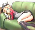  1girl anchor_hair_ornament blonde_hair couch gloves hat kantai_collection kneehighs long_hair military military_uniform peaked_cap prinz_eugen_(kantai_collection) smile solo twintails uniform 