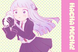  1girl :o black_gloves black_jacket black_ribbon black_skirt blunt_bangs blush braid collared_shirt commentary_request danganronpa:_trigger_happy_havoc danganronpa_(series) derivative_work food gloves hair_ribbon hand_up happy_mille-feuille_(idolmaster) highres holding holding_food idolmaster jacket kirigiri_kyoko long_hair long_sleeves looking_at_viewer misa_(usaginosakura) necktie open_clothes open_jacket parody pleated_skirt red_necktie ribbon shirt skirt solo sweatdrop white_shirt 