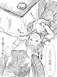  3girls comic female_admiral_(kantai_collection) from_behind hair_spread_out hand_on_another&#039;s_head headwear_removed isuzu_(kantai_collection) kantai_collection kotatsu lying_on_person multiple_girls sleeping sweatdrop table tatsuta_(kantai_collection) translated tsukimi_50 twintails zzz 