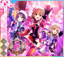  3girls :d album_cover amane_ai anniversary arm_up beret blush breasts brown_eyes brown_hair clothing_cutout concert confetti cover detached_sleeves dot_nose dutch_angle english_text frilled_sleeves frills game_cg glowstick grin hand_up hat holding holding_microphone idol idol_clothes idol_wars long_hair medium_breasts medium_hair microphone multiple_girls navel navel_cutout neckerchief official_art omiya_aine open_mouth print_hat purple_hair purple_neckerchief red_neckerchief red_thighhighs screen screen_zoom short_hair small_breasts smile stage stage_lights thigh-highs third-party_source white_hat wide_sleeves yukishiro_nagisa zettai_ryouiki 
