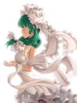  1girl absurdres adapted_costume alternate_color backlighting bare_shoulders breasts bust closed_eyes dress frilled_ribbon front_ponytail green_hair hair_ribbon highres kagiyama_hina large_breasts profile ribbon sideboob simple_background solo touhou white_background white_dress zxmpcf 
