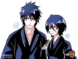  1boy 1girl armband black_eyes black_hair bleach bleach:_sennen_kessen-hen blue_eyes commentary english_commentary hair_between_eyes highres japanese_clothes kuchiki_rukia shiba_kaien shihakusho smile snowflake_print time_paradox tumblr_username umbra_(edits_umbra) watermark 